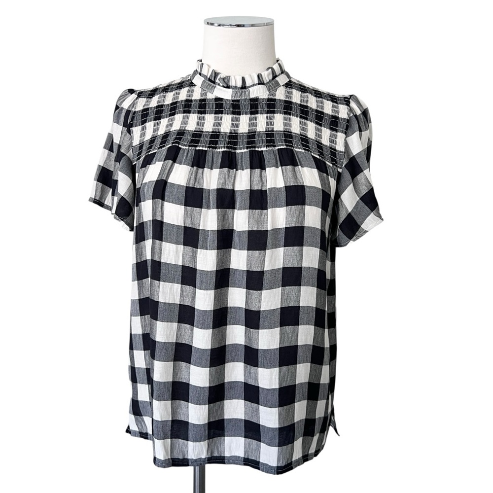 LOFT Checkered Plaid Gingham Flutter Sleeve Baby Doll Style Blouse Blue White S